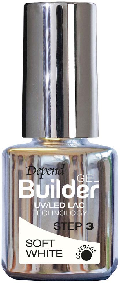 A small bottle of gel nail polish with a silver cap. It is labeled 'Build Gel', 'Soft White', and 'Step 3'.
