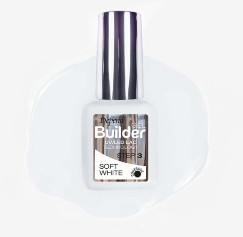 Neglelakkflaske med sølvhette merket Builder Gel Steg 3 Soft White på hvit bakgrunn.