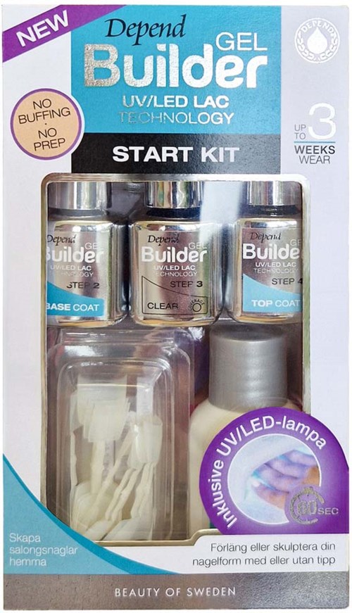A nail gel kit with brushes, bottles, and a UV lamp for home use, labeled for starting nail art projects.