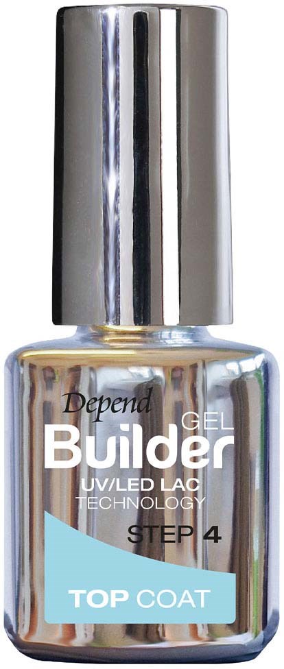 A metallic nail polish bottle labeled 'Top Coat' with a silver cap and shiny surface.