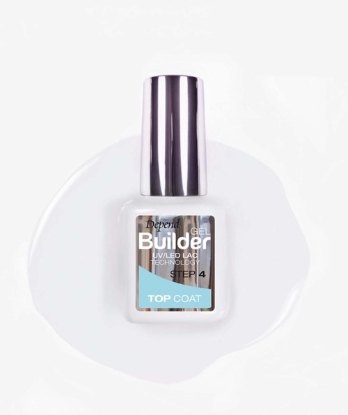 En hvit neglelakkflaske med sølvhette merket Depend Builder Top Coat, plassert på en hvit overflate.