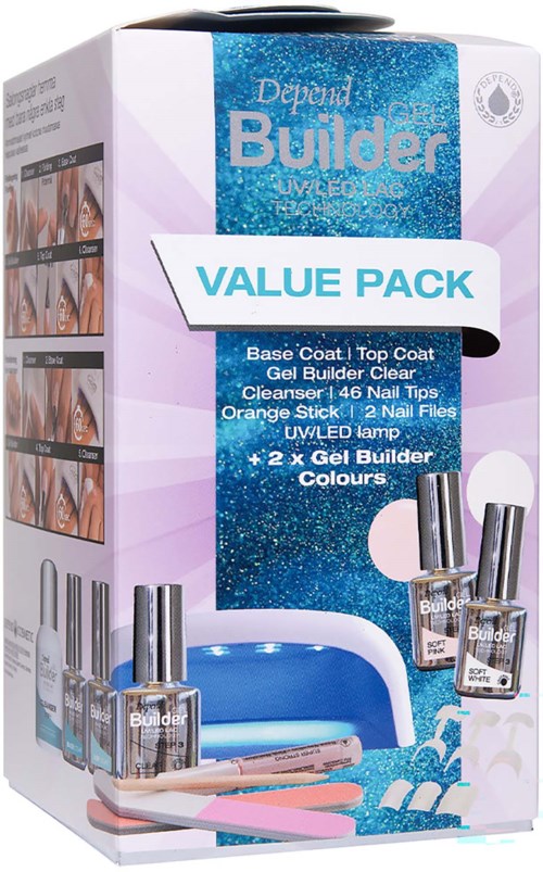Box of Gel Builder Colors for nails, includes base coat, top coat, cleaner, nail tips, and files.