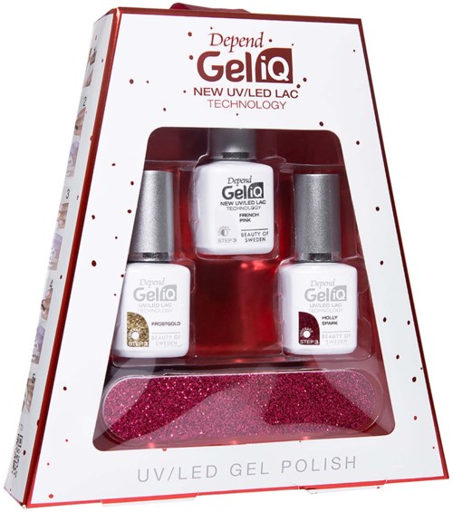 Låda med fyra nagellack och en pink glittergellack i klar sektion. Förpackning för gelénagellackset.