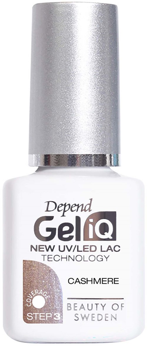 En vit nagellackflaska med silverlock, märkt Depend Gel iQ för cashmere naglar med UV/LED-teknik.