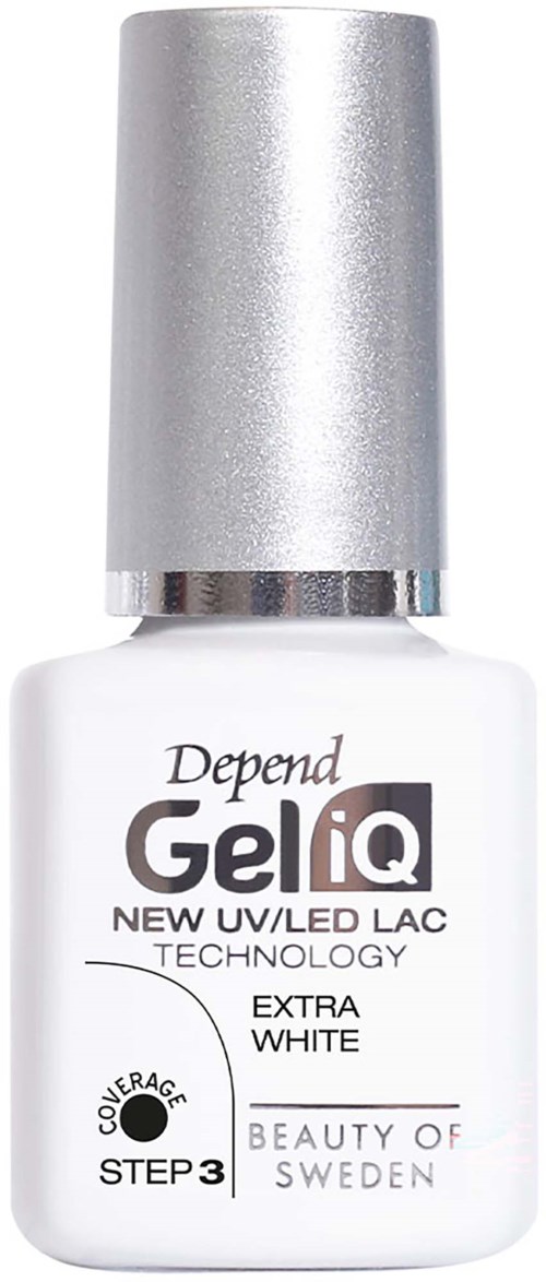 Vit nagellackflaska med silverhätta, märkt GellQ Depend, Extra White, och UV/LED Lac-teknik.