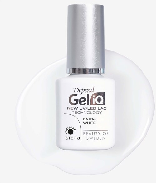 Vit flaska av Depend GelIQ UV/LED naggélack med silverhätt, placerad på en vit yta.