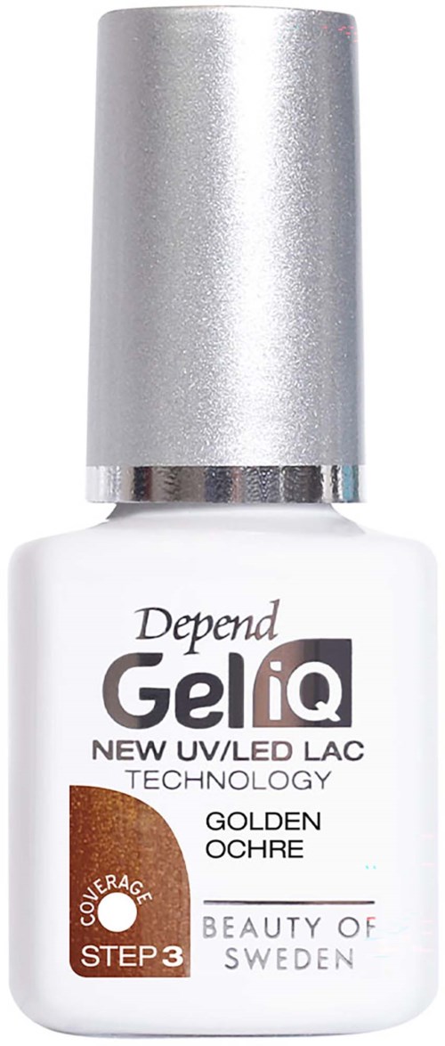 Vit nagellackflaska med silverlock, märkt Depend GeliQ Golden Ochre, med UV LED-teknik.