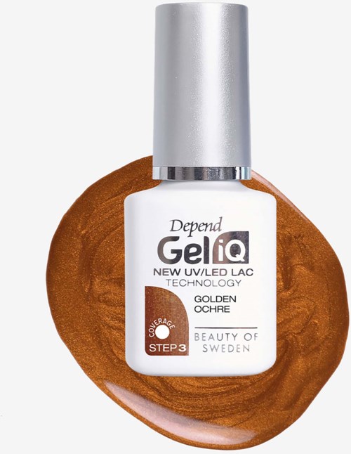 Vit nagellackflaska med silverlock på en brun gelnätsfärgprovsbit, märkt Depend Gel IQ Golden Ochre.