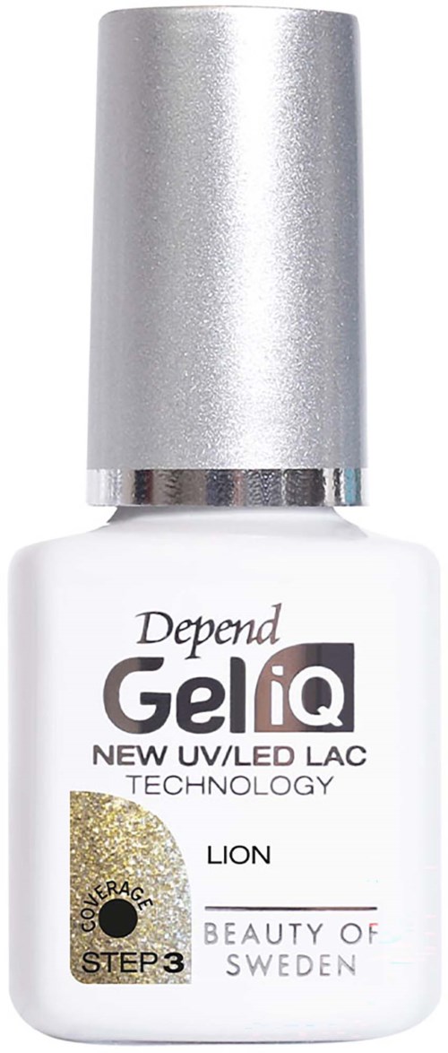 Vit nagellackflaska med silverhatt, märkt Depend GeliQ och Lion, med guld- och svarta detaljer.