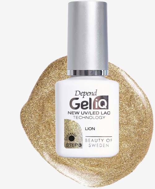 Tydlig nagellackflaska med silvrig kork, märkt Depend GelIQ New UV LED Lac Technology, placerad på gulddryssel.