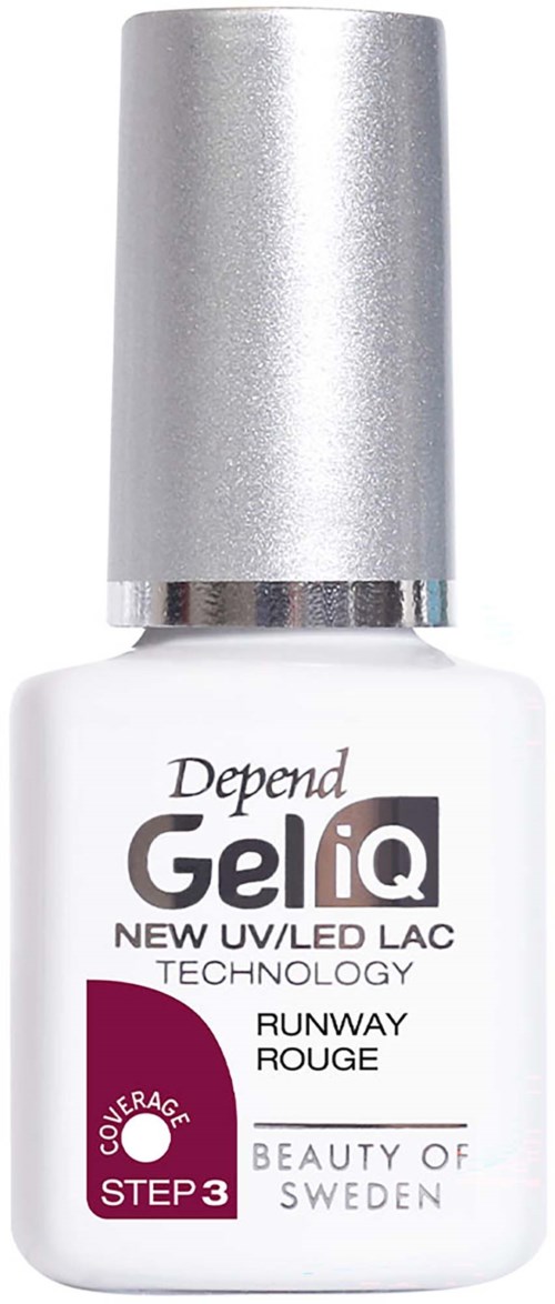 En vit nagellacksflaska med silvrigt lock, märkt Depend GeliQ med UV LED-teknik och Runway Rouge färg.