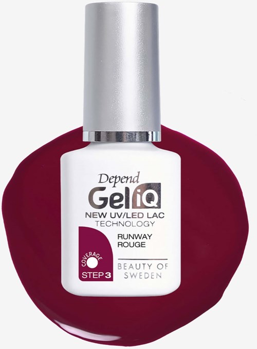 En flaska Depend Gel IQ nagellack med silverkork på en röd nagellackssmör.