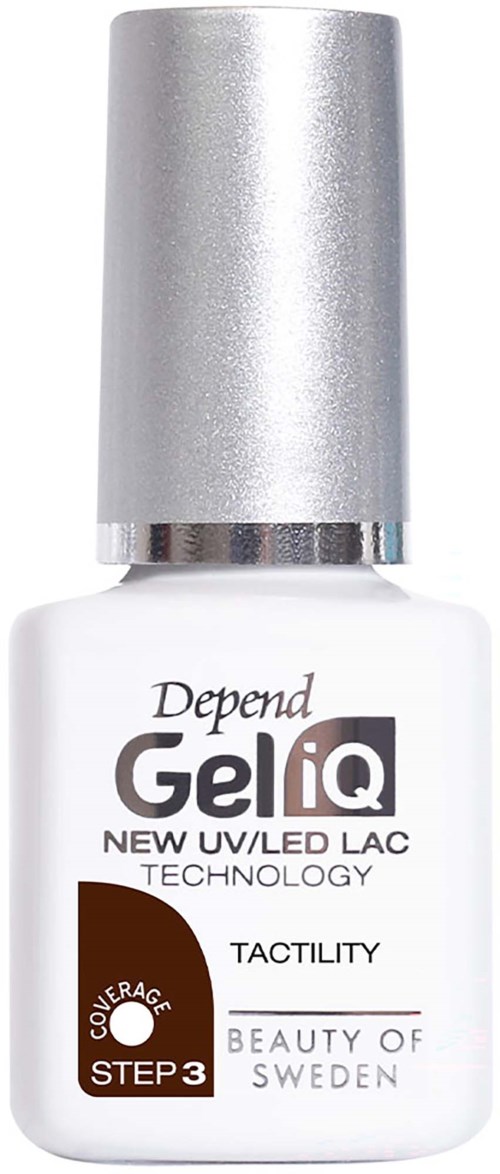 En vit flaska med Depend Gel iQ med silverlock, märkt för UV/LED-lack, med varumärkes- och produktinformation.
