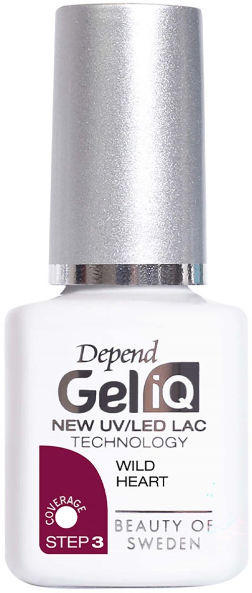Vit nagellackflaska med silverlock, logo och text om Depend GeliQ UV/LED-teknik och wild heart nyans.