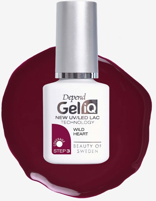 Vit nagellackflaska märkt Depend Gel iQ med silverlock, på en röd kurva av nagellack.