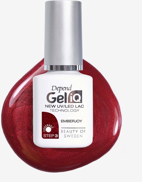 Röd nagellackflaska med silverlock, märkt Depend Gel iQ Emberjoy. Liten röd botten syns under flaskan.