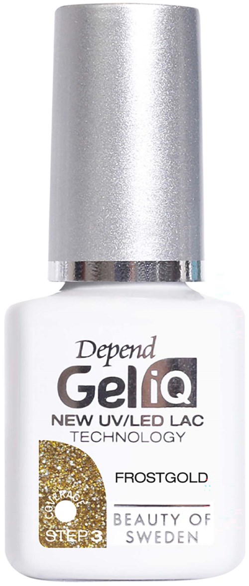Flaska med Depend GeliQ Frost Gold UV LED-topplack med silverlock.