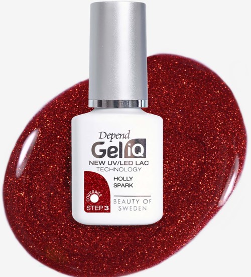 En vit nagellackflaska med silverlock omgiven av glitter i rött, märkt Depend Gelq New UV/LED Lac technology.