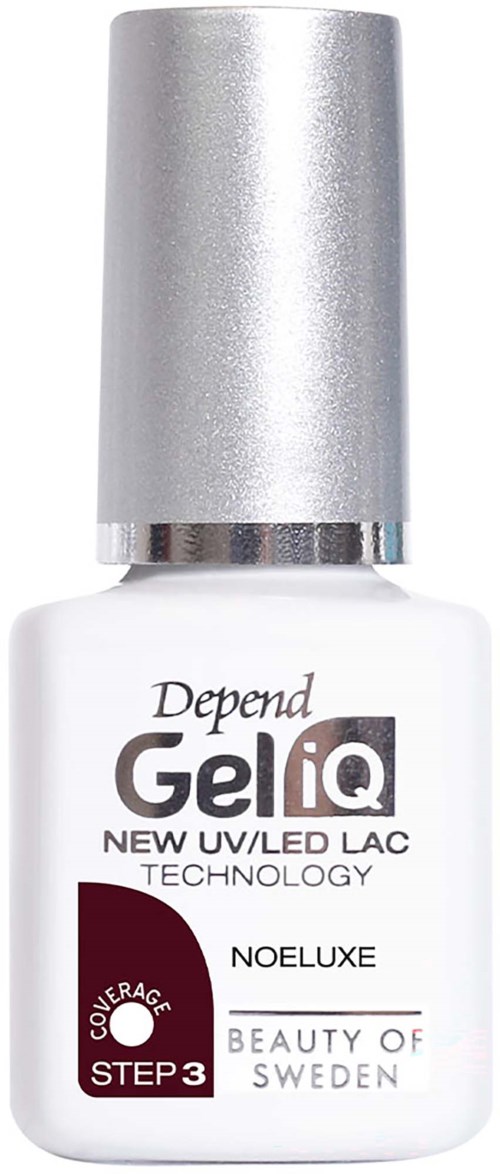 Vit nagellacksflaska med silverlocket, märkt GeliQ Depend, NOELUXE och Steg 3 av täckning.