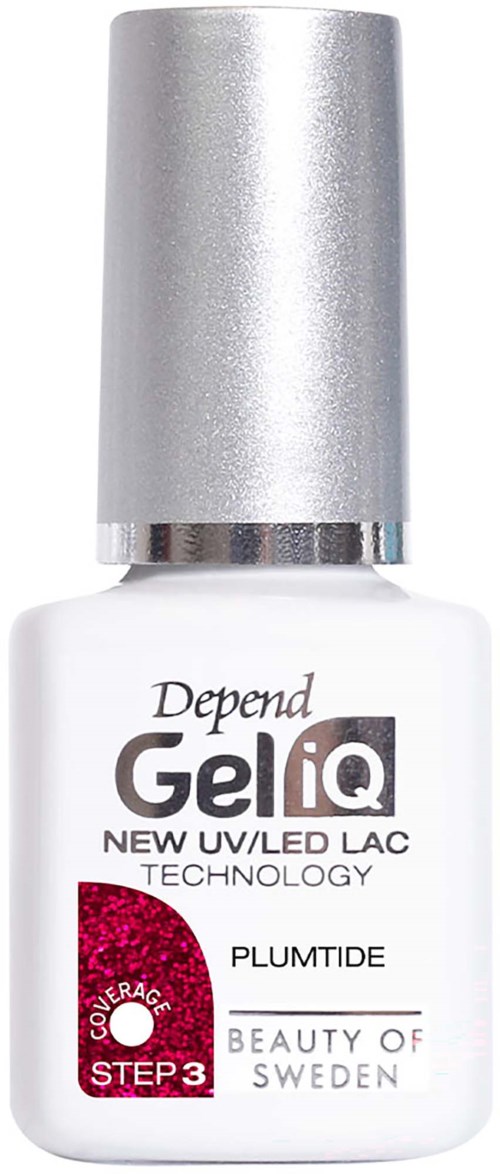 En vit nagellackflaska med silvrig kork, märkt Depend GeliQ Plumtide, Steg 3, med rosa och svarta detaljer.