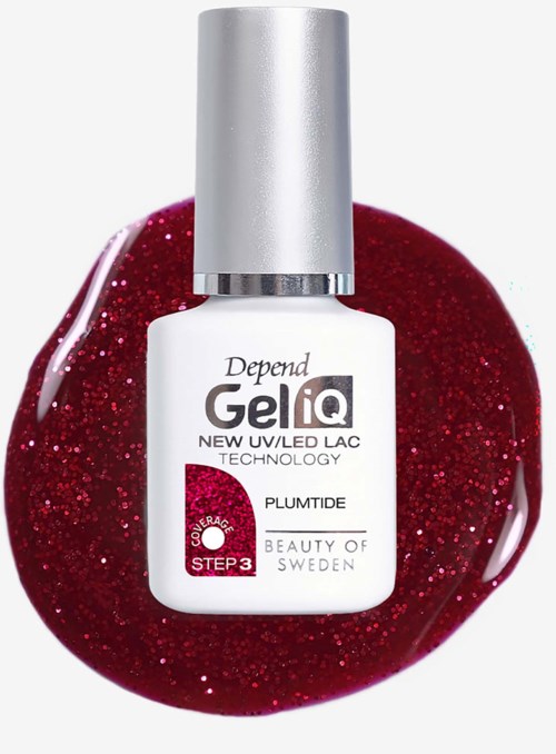 En vit flaska Depend GelIQ nagellack med silverlock, placerad på rött glittrigt nagellack.