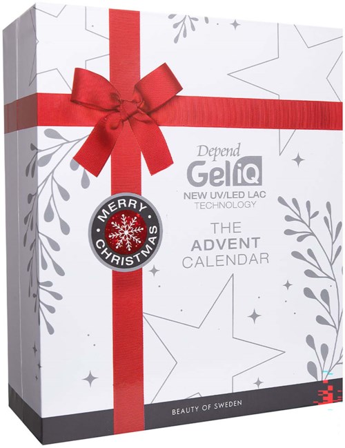 En vit box med grå och svarta detaljer, dekorerad med en röd rosett och en Merry Christmas-etikett, innehållande gelnagellack.