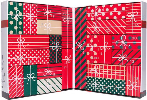 En öppen adventskalender med färgglada numrerade lådor och presentbandsmönster för dagliga överraskningar.