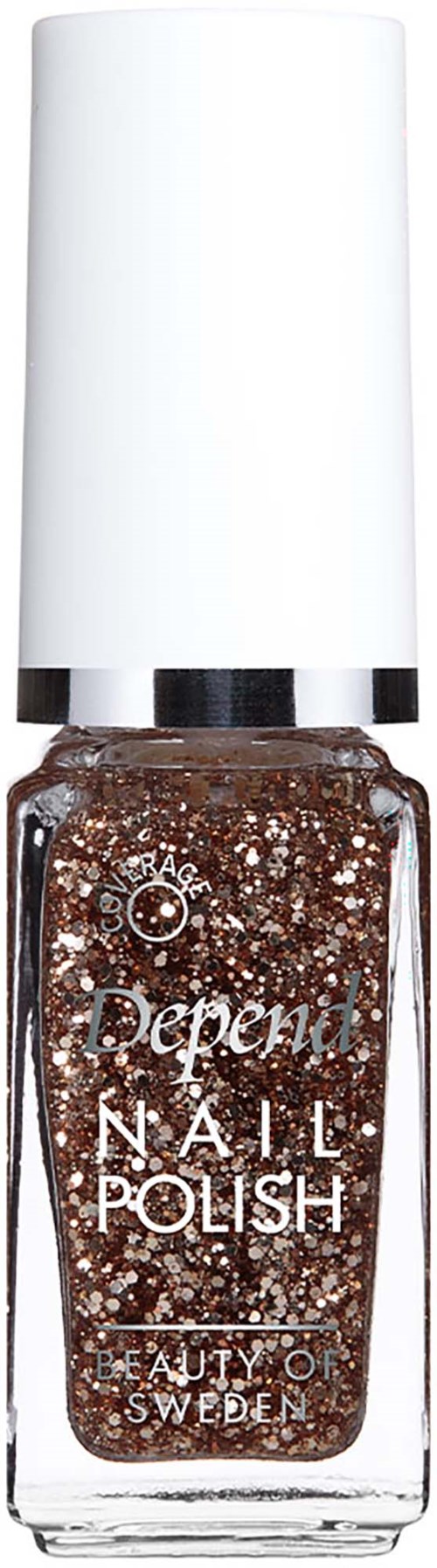 Lasipullossa ruskeaa glitterkynsilakkaa valkoisella kannella, merkitty Depem Nail Polish Faulty Swedenilta.