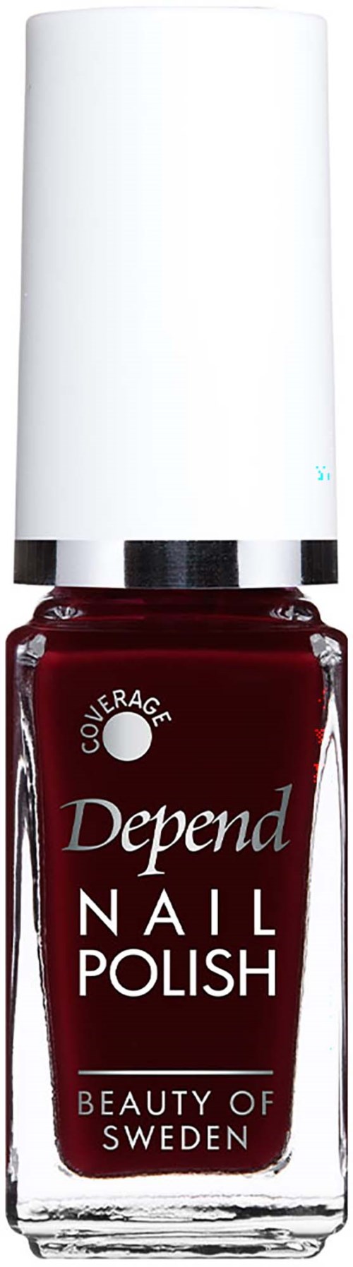 Syvä punainen Depend kynsilakkapullo, jossa valkoinen korkki, merkiltään Depend Nail Polish from Beauty of Sweden.