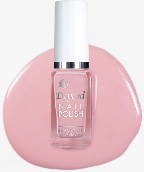 Pink nail polish bottle with a white cap, placed on pink nail polish. Simple and clean design.