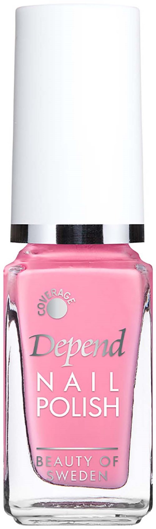Pink nail polish bottle with white cap, labeled Depend Nail Polish, from Sweden.