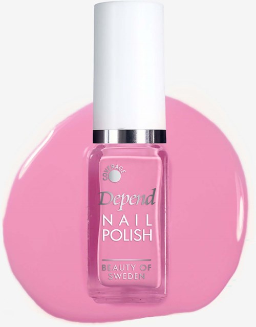 A pink nail polish bottle with white cap and silver ring, resting on pink polish smear.