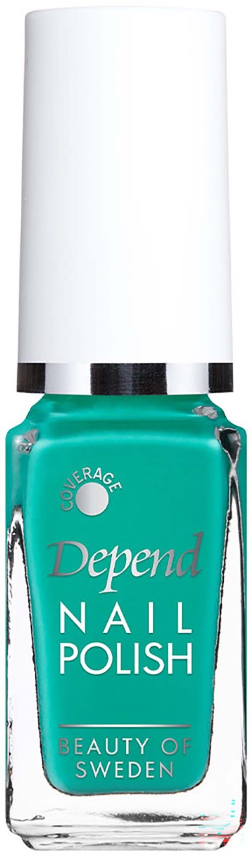 A bottle of teal Depend Nail Polish with a white cap, labeled as beauty product from Sweden.