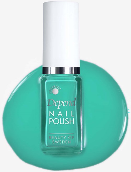 Green nail polish bottle with white cap, placed on a smear of matching polish.