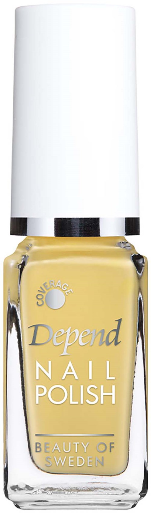 A bottle of yellow nail polish with a white cap, labeled Depend, from Beauty of Sweden.