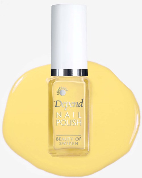 A bottle of yellow nail polish with a white cap, placed on yellow paint. It says Depend, Nail Polish, Beauty of Sweden.
