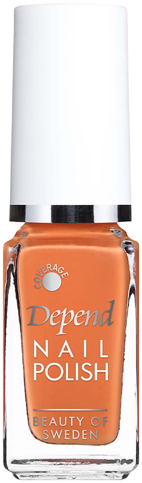 A bottle of Depend Nail Polish in orange with white cap, labeled as Beauty of Sweden.