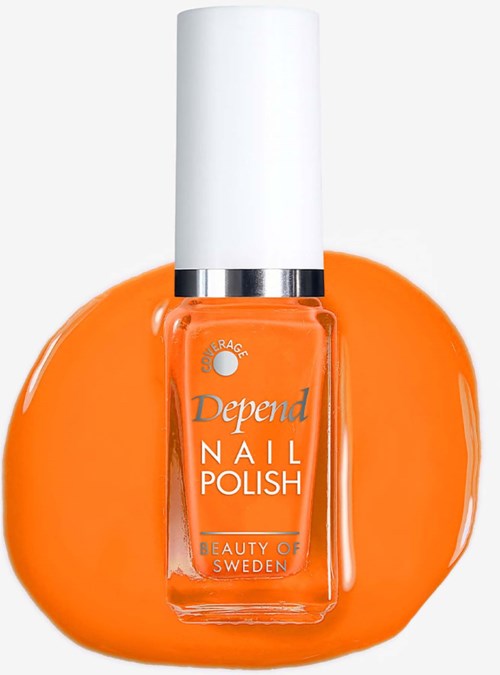 Orange nail polish bottle with white cap, surrounded by spilled orange polish in a smooth, shiny shape.