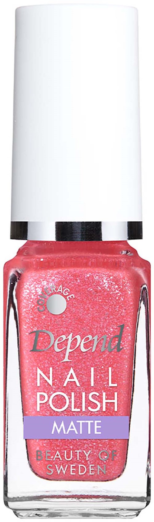 Roze matte nagellak fles met witte dop en merk Depend.