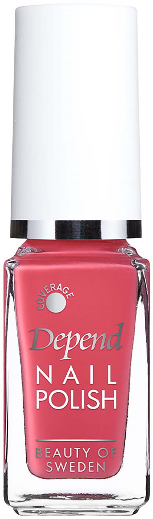 Pink nail polish bottle with white cap, labeled Depend Nail Polish, from Sweden.