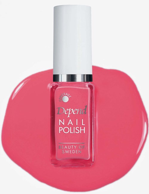 Pink nail polish bottle with a white cap and a pink painted background.
