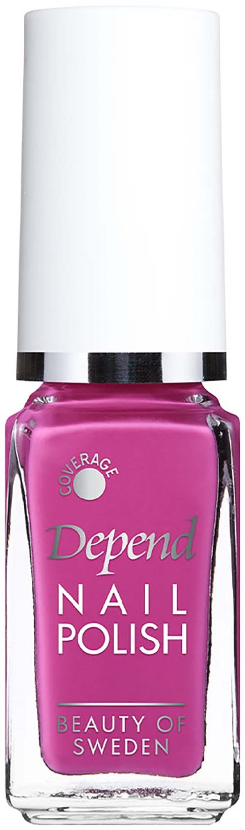 A pink nail polish bottle with a white cap, labeled Depend Nail Polish, from Sweden.