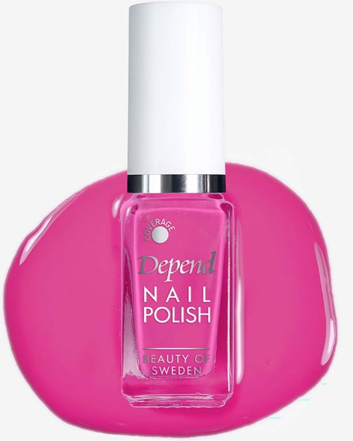 A pink nail polish bottle with white cap and silver ring, placed on a pink spread of nail polish.