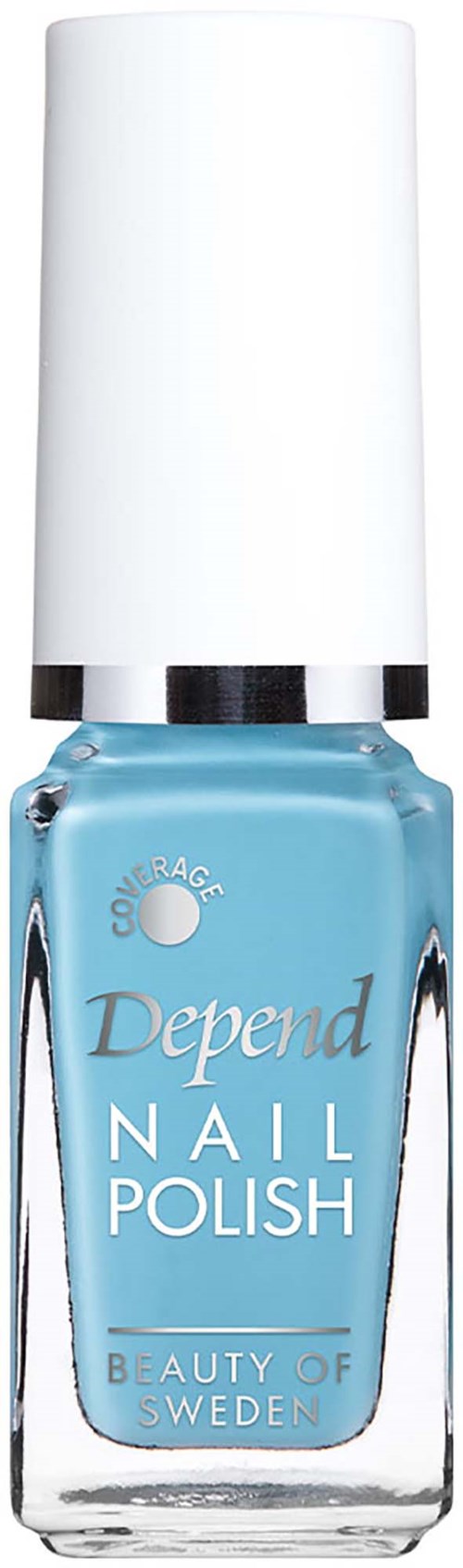 A bottle of blue nail polish with a white cap and black stripe, labeled Depend Nail Polish from Sweden.