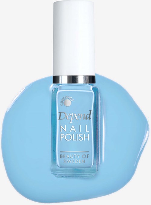 A bottle of light blue Depend nail polish with a white cap and a smear of blue polish around it.