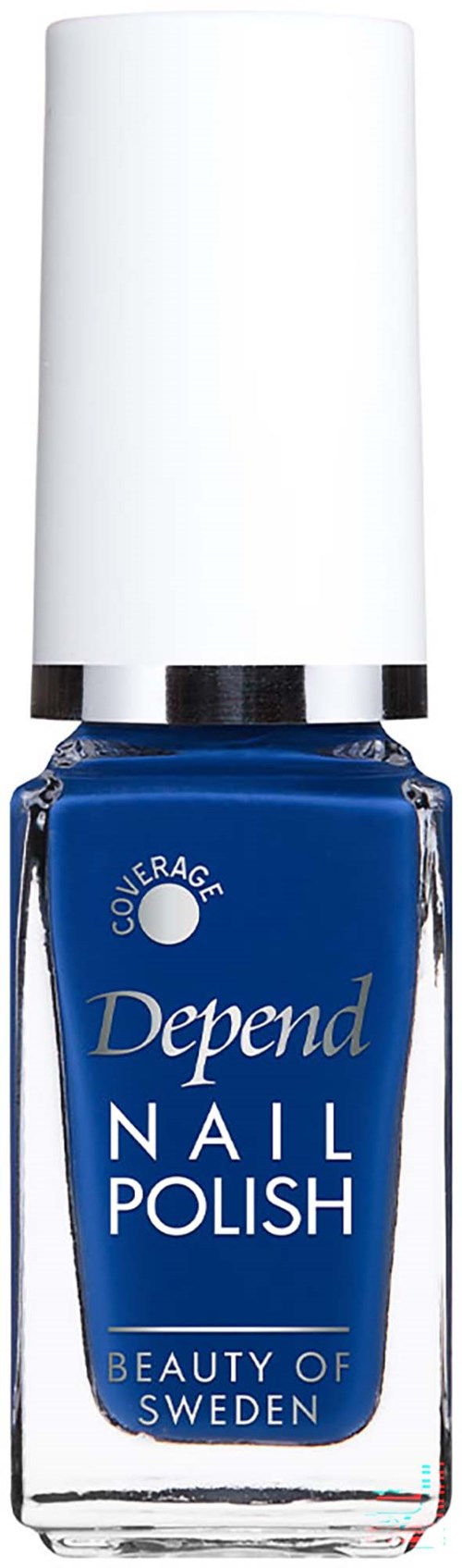 A bottle of blue Depend nail polish with a white cap, labeled as a beauty product from Sweden.