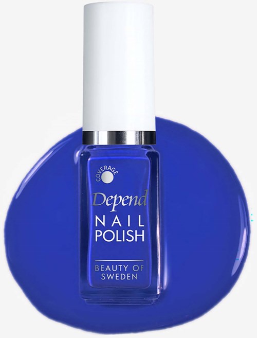 Blue nail polish bottle with white cap and blue polish behind it.