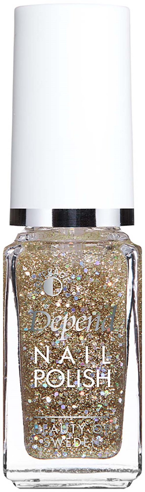 A bottle of glittery gold nail polish with a white cap from Depend, designed for nail decoration.