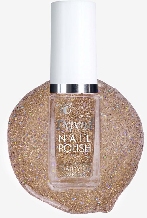 A bottle of glittery nail polish with a white cap placed on a glittery surface.