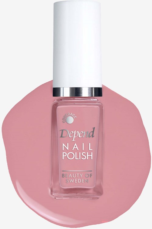 Pink nail polish bottle with white cap on a pink surface.